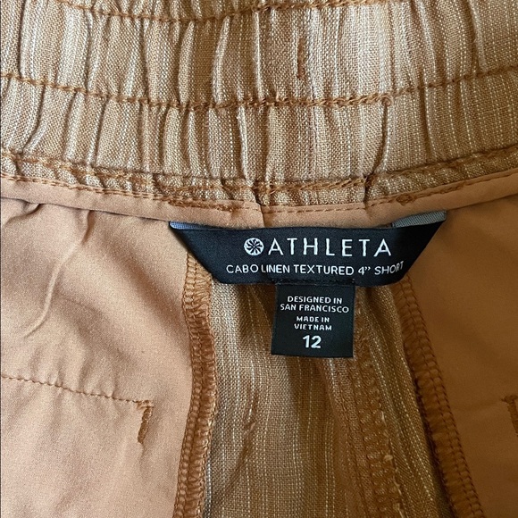 Athleta Cabo Linen Textured Casual Tan Drawstring 4" Shorts - Picture 7 of 9